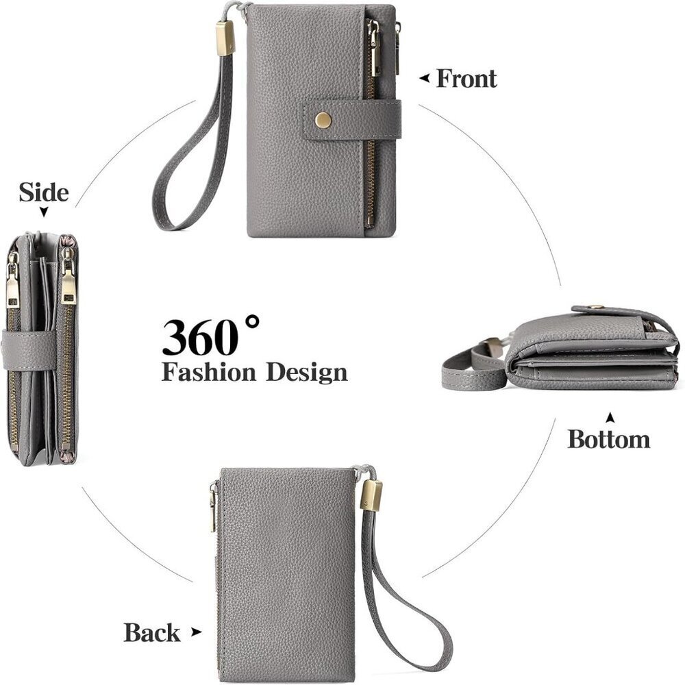 Leather RFID Blocking Wallet Women Small Bifold Coin Purse with Wristlet - Picture 4 of 8